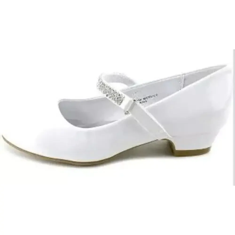 NEW Girl's Communion Dress Shoe-White/Patent Flat Shoe-Rhinestone Strap-Size 9T